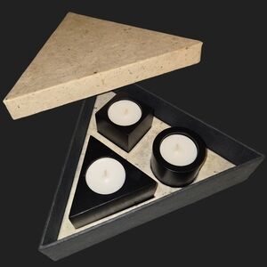 GIFT BOXED Set of 3 Black Votive Candle Holders Wooden Geometric Shapes